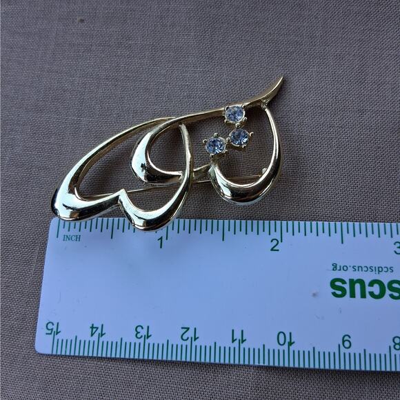 Gold Tone Double Heart Pin Brooch with Clear Rhinestone Accents - Picture 3 of 4
